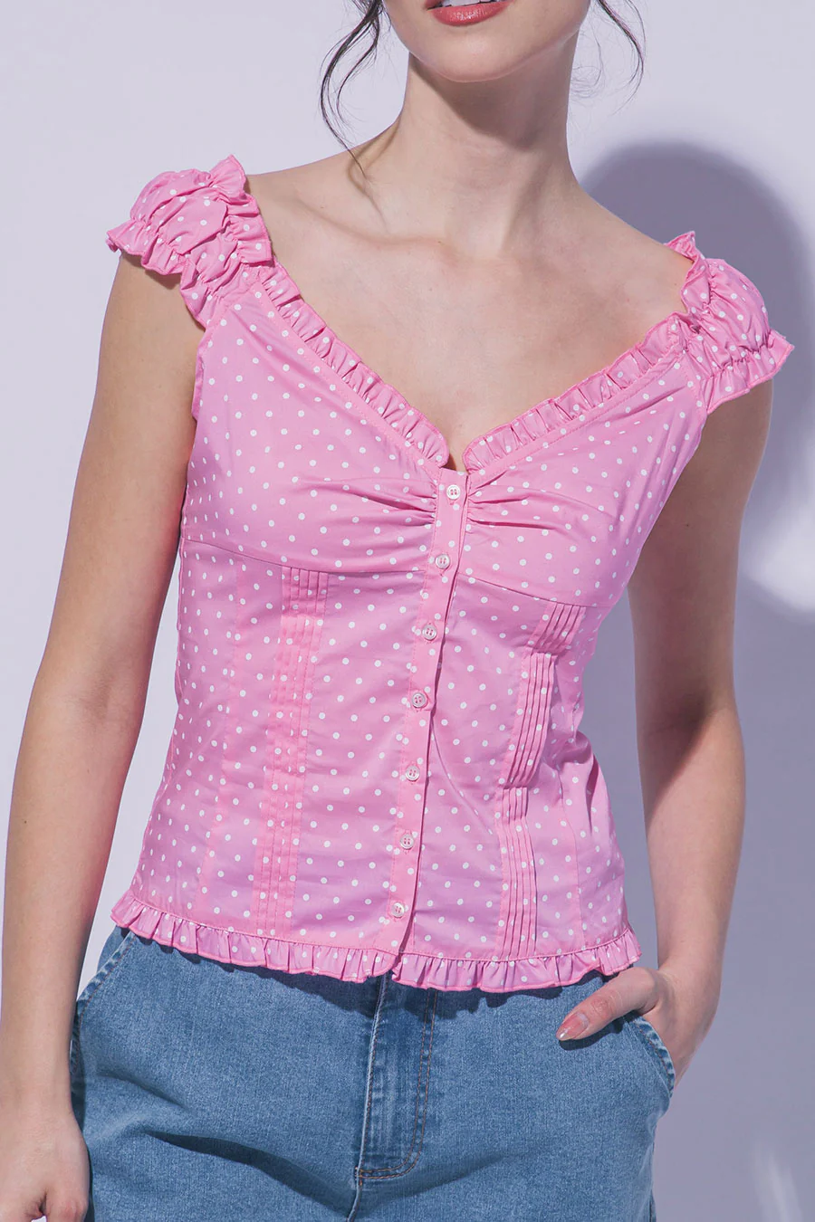 Clean Girl Polka Dot Ruffled Short Sleeve Shirt Top - Image 3