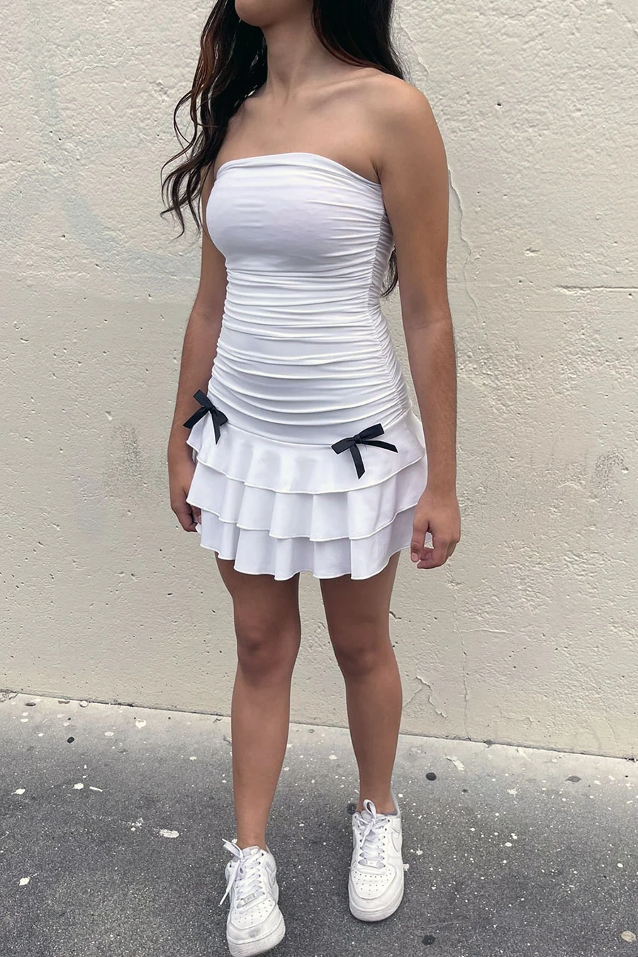 Coquette Strapless Ruched Ruffle Mini Dress with Bow Detail