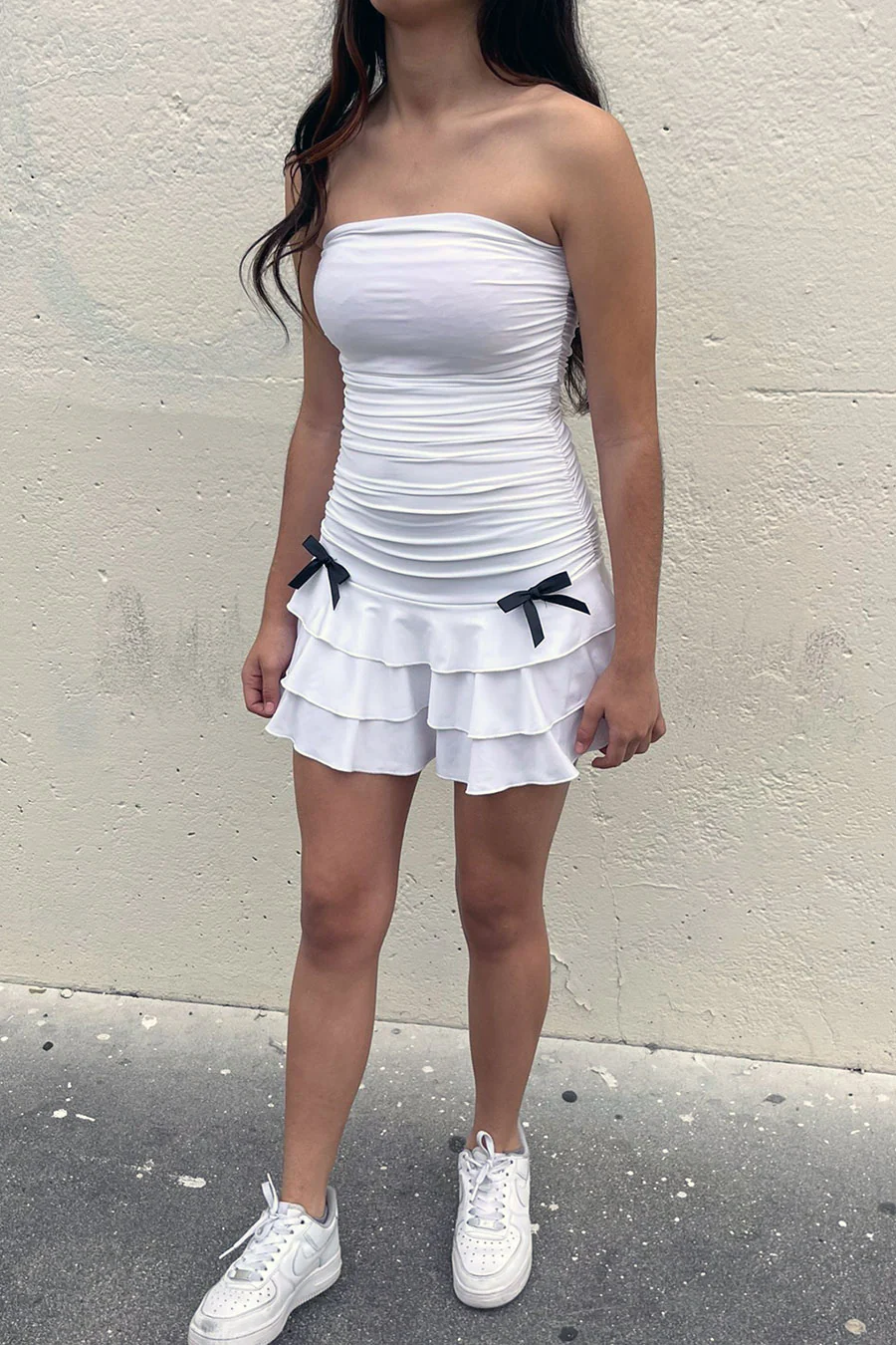 Coquette Strapless Ruched Ruffle Mini Dress with Bow Detail - Image 3