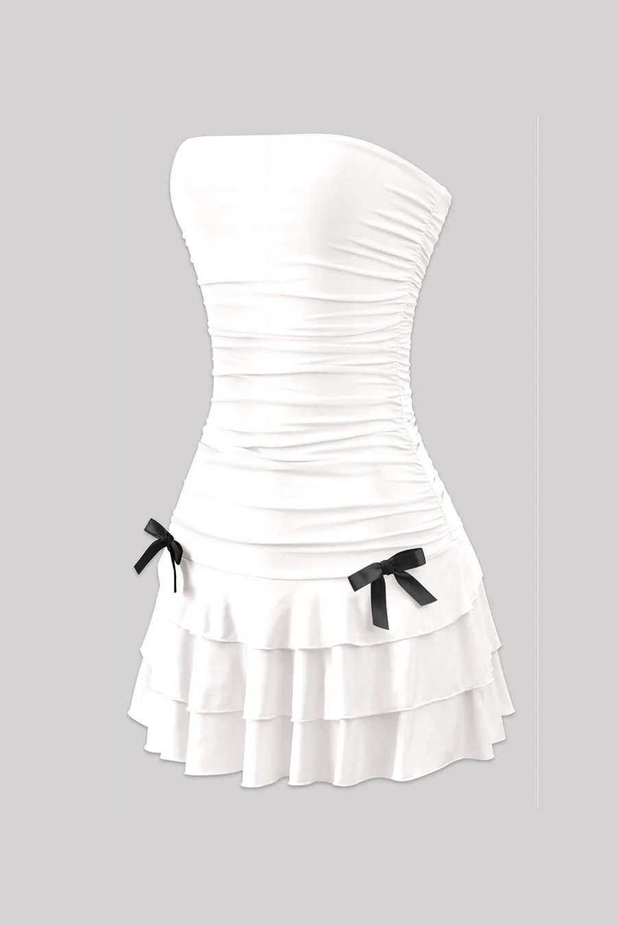 Coquette Strapless Ruched Ruffle Mini Dress with Bow Detail - Image 4