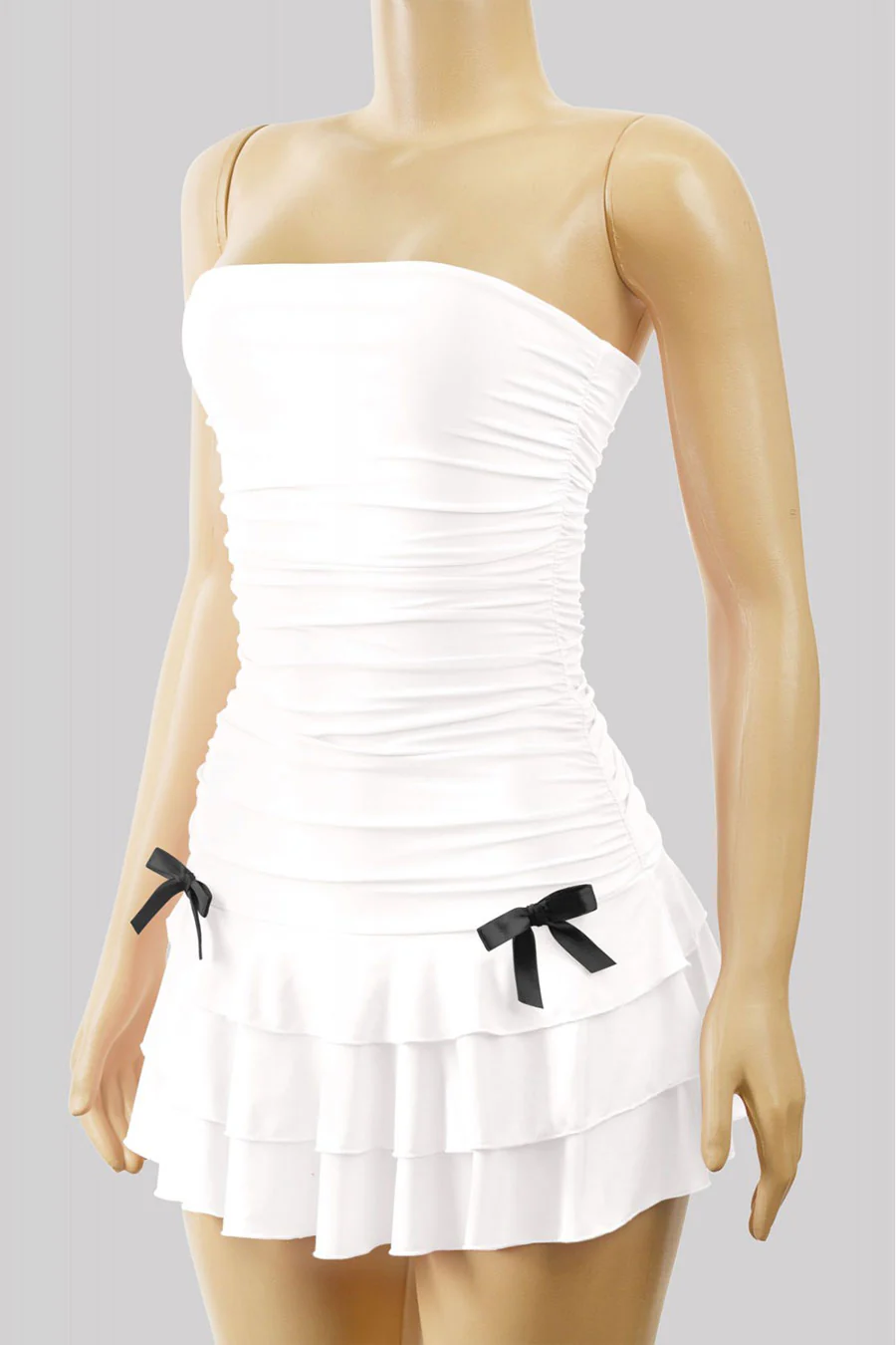 Coquette Strapless Ruched Ruffle Mini Dress with Bow Detail - Image 6