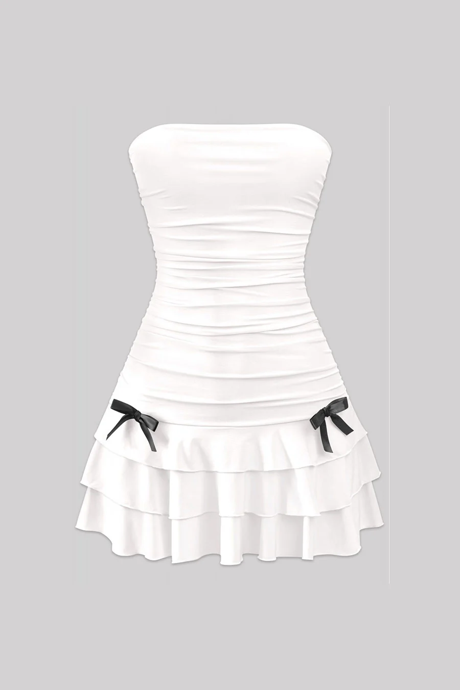 Coquette Strapless Ruched Ruffle Mini Dress with Bow Detail - Image 7