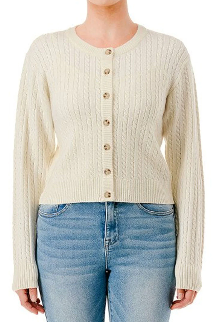 Cozy Cable Knit Long Sleeve Crop Cardigan Sweater Top - Image 4