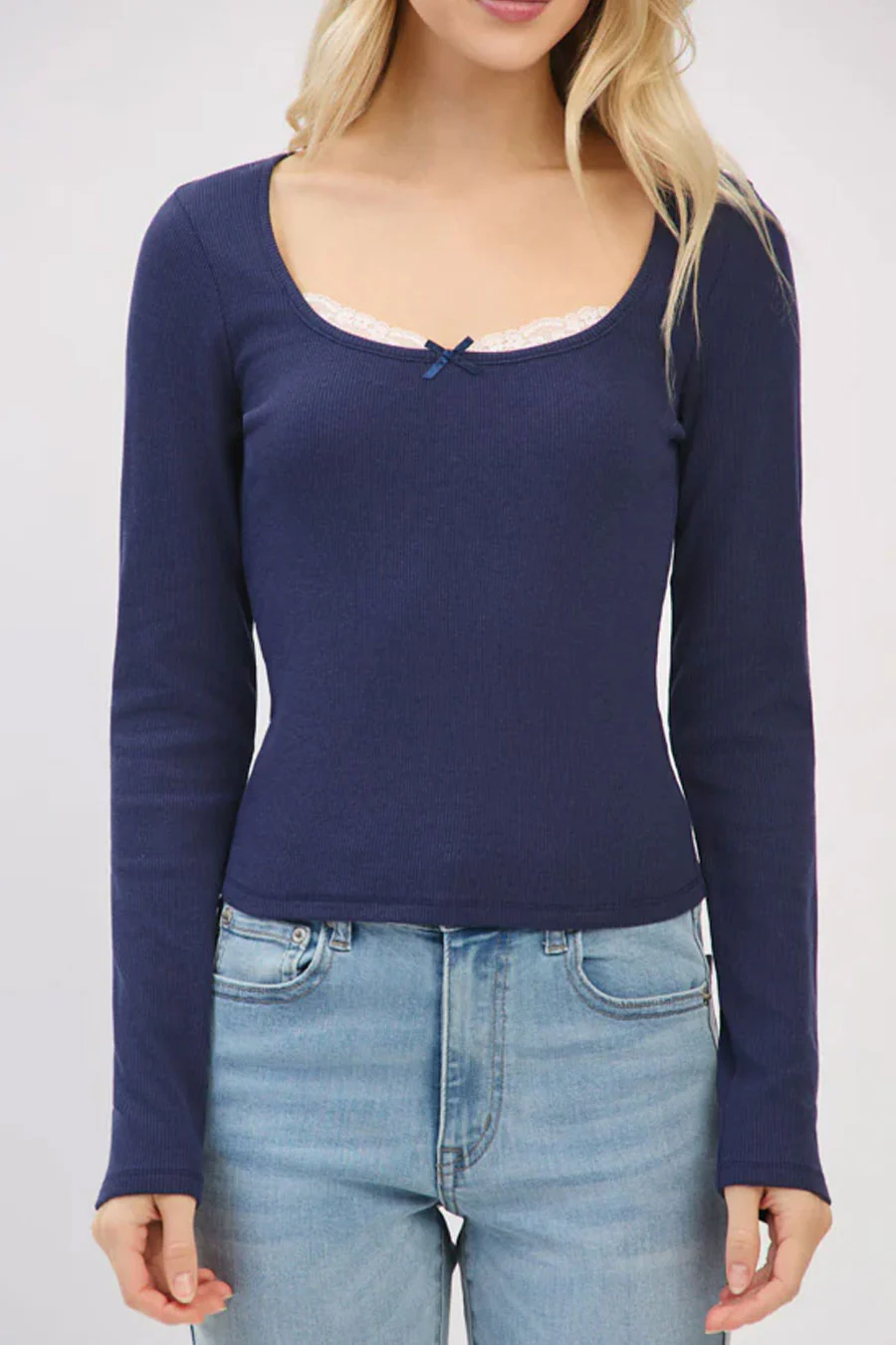 Crew Neck Lace & Bow Detail Long Sleeve Top - Image 11