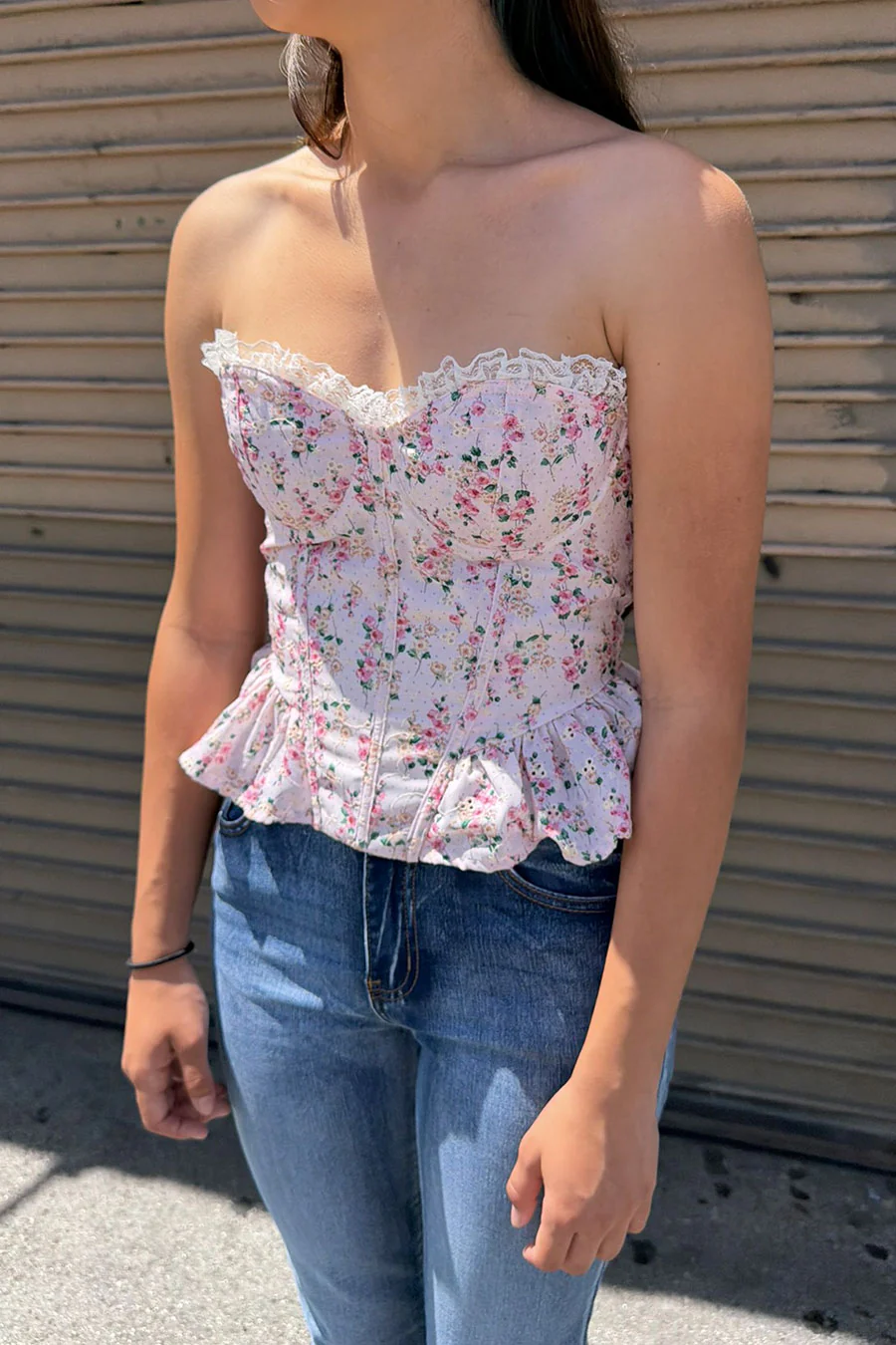 Ditsy Floral Print Lace Trimmed Tube Peplum Corset Bustier Top with Adjustable Back Tie - Image 3
