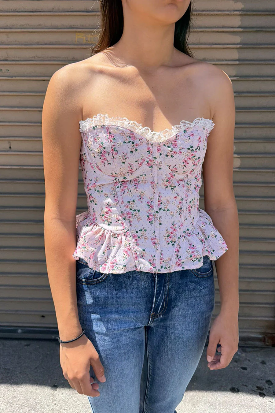 Ditsy Floral Print Lace Trimmed Tube Peplum Corset Bustier Top with Adjustable Back Tie - Image 4
