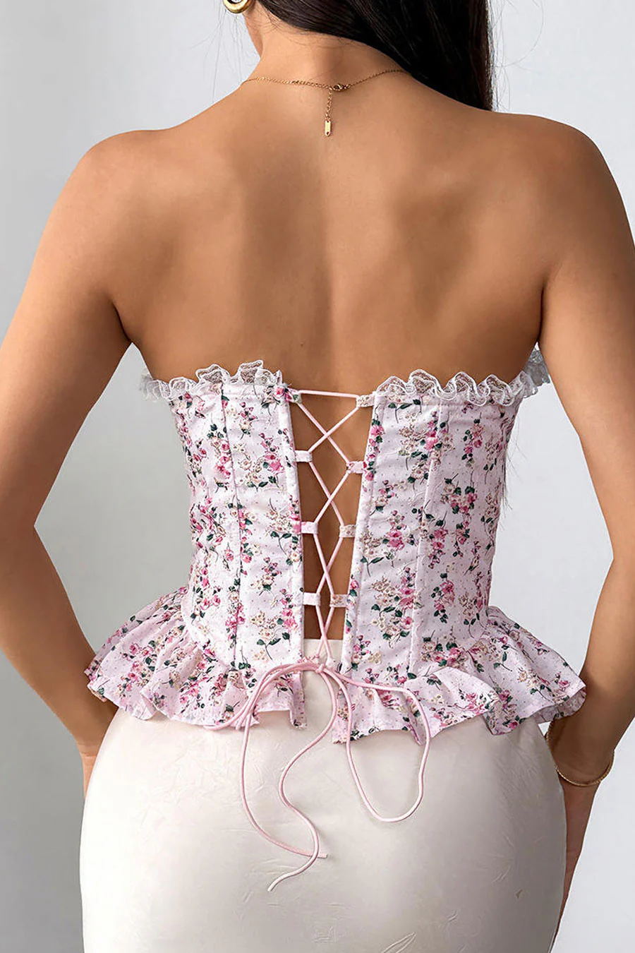 Ditsy Floral Print Lace Trimmed Tube Peplum Corset Bustier Top with Adjustable Back Tie - Image 6