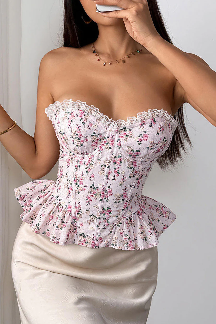 Ditsy Floral Print Lace Trimmed Tube Peplum Corset Bustier Top with Adjustable Back Tie - Image 7