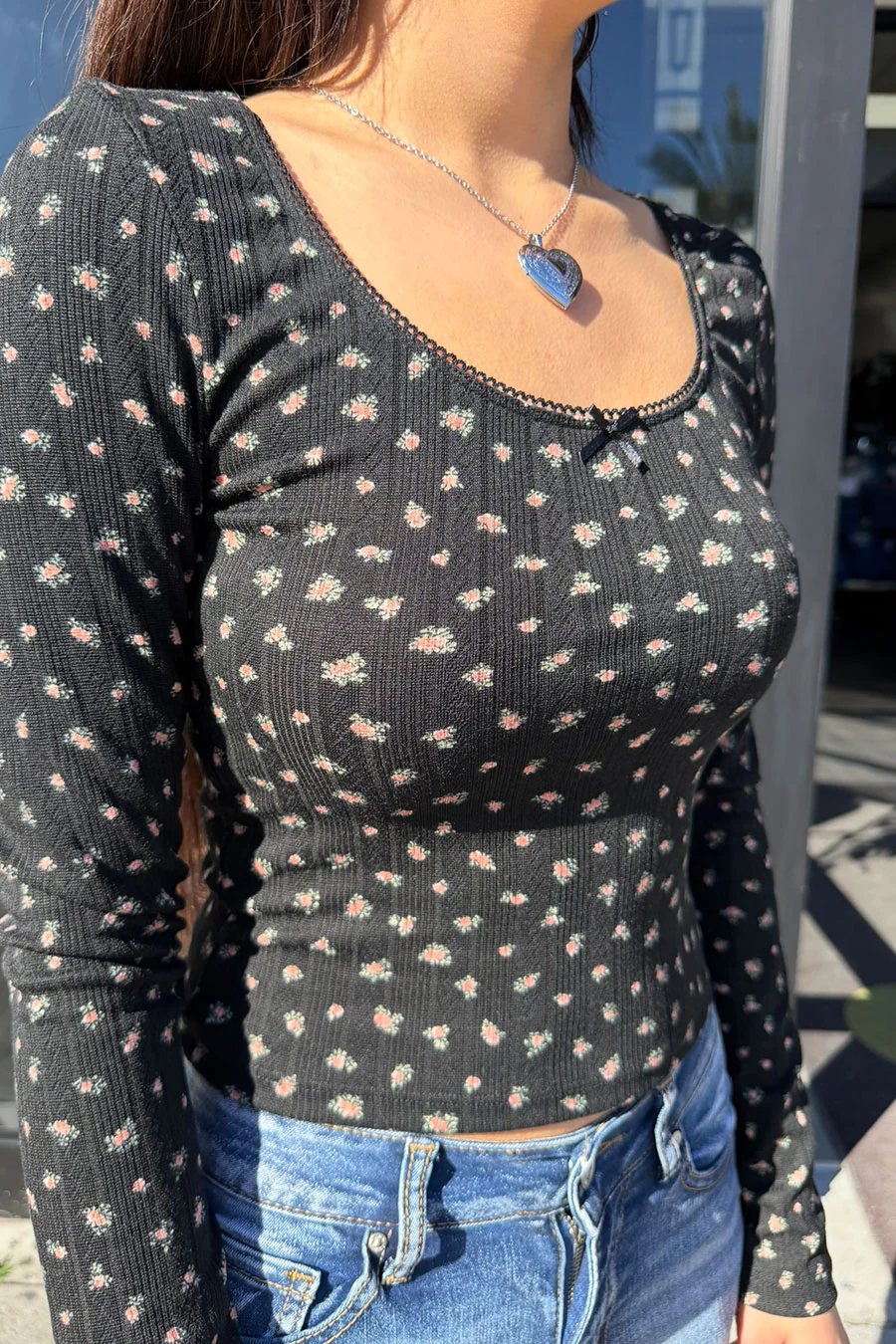 Ditsy Floral Print Pointelle Long Sleeve Scoop Neck Lace Trim Top