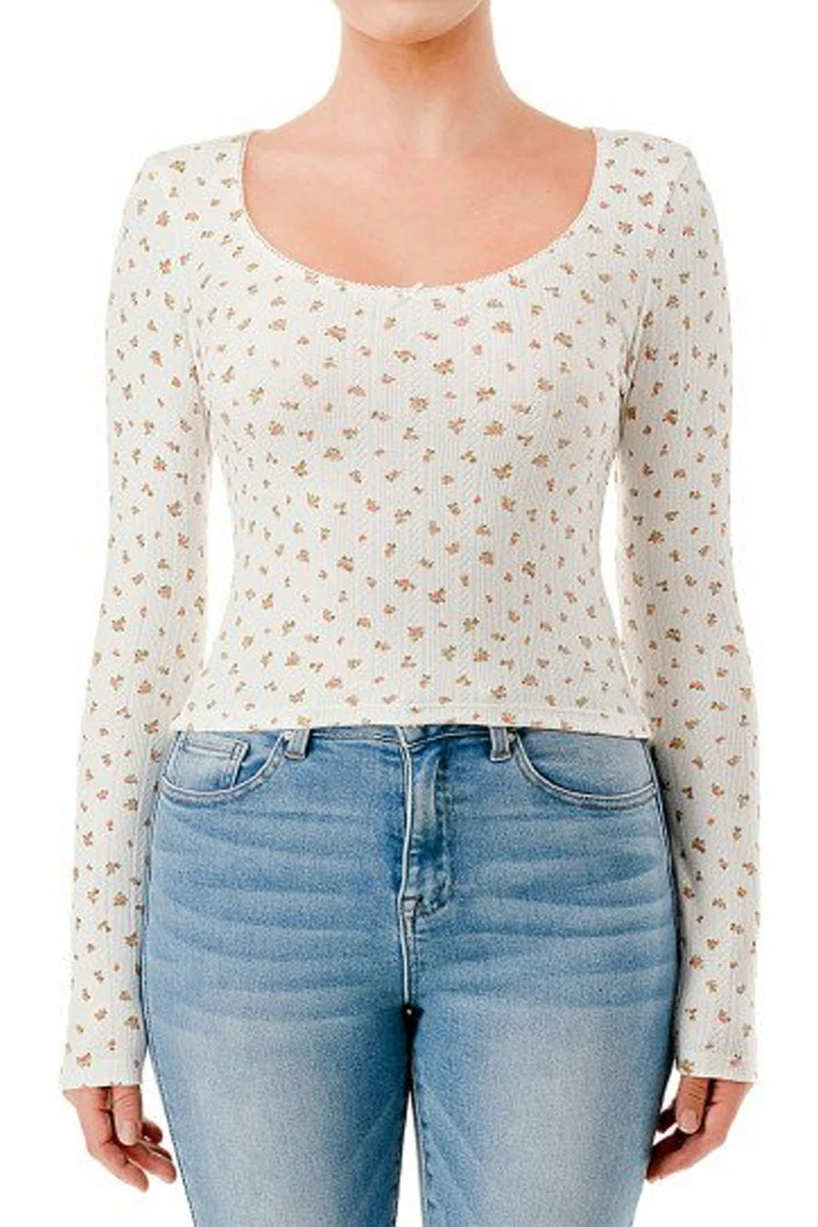 Ditsy Floral Print Pointelle Long Sleeve Scoop Neck Lace Trim Top - Image 2