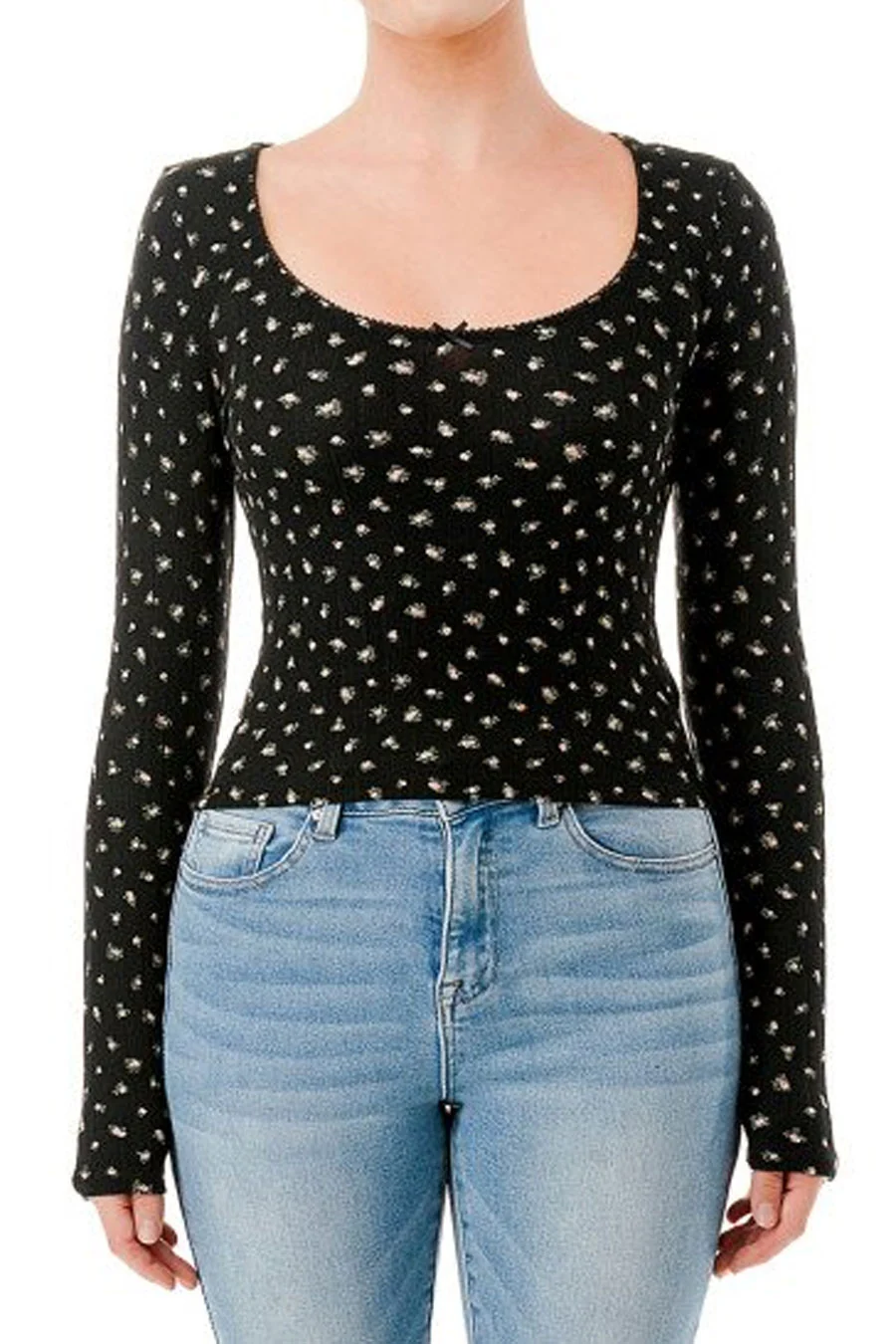 Ditsy Floral Print Pointelle Long Sleeve Scoop Neck Lace Trim Top - Image 3