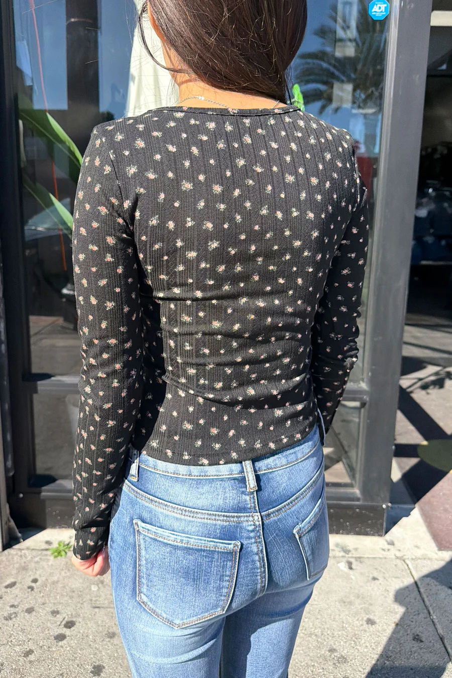Ditsy Floral Print Pointelle Long Sleeve Scoop Neck Lace Trim Top - Image 6