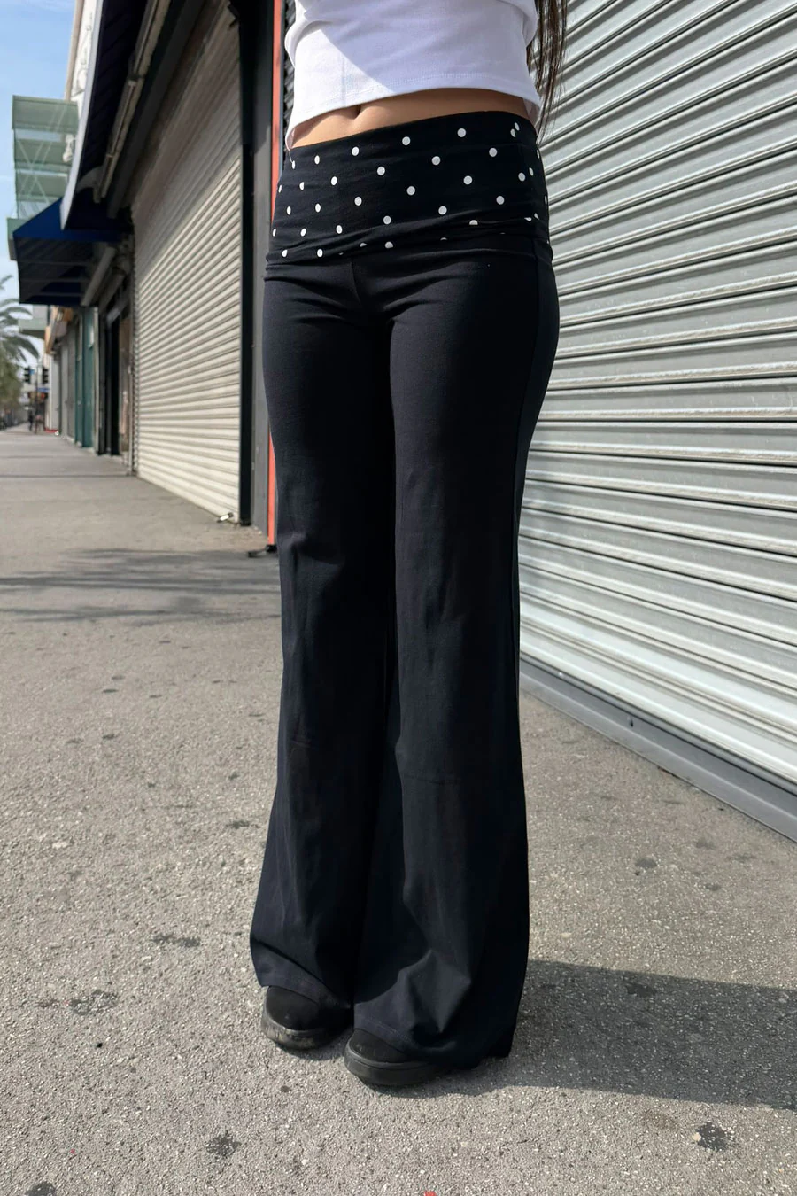 Dot Print Fold Over Waist Band Yoga Flare Pants - Image 3