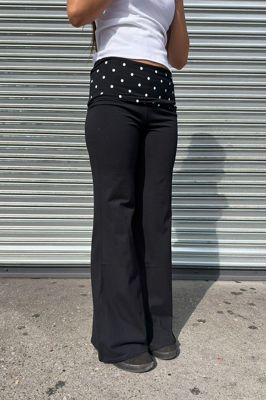 Dot Print Fold Over Waist Band Yoga Flare Pants - Image 4