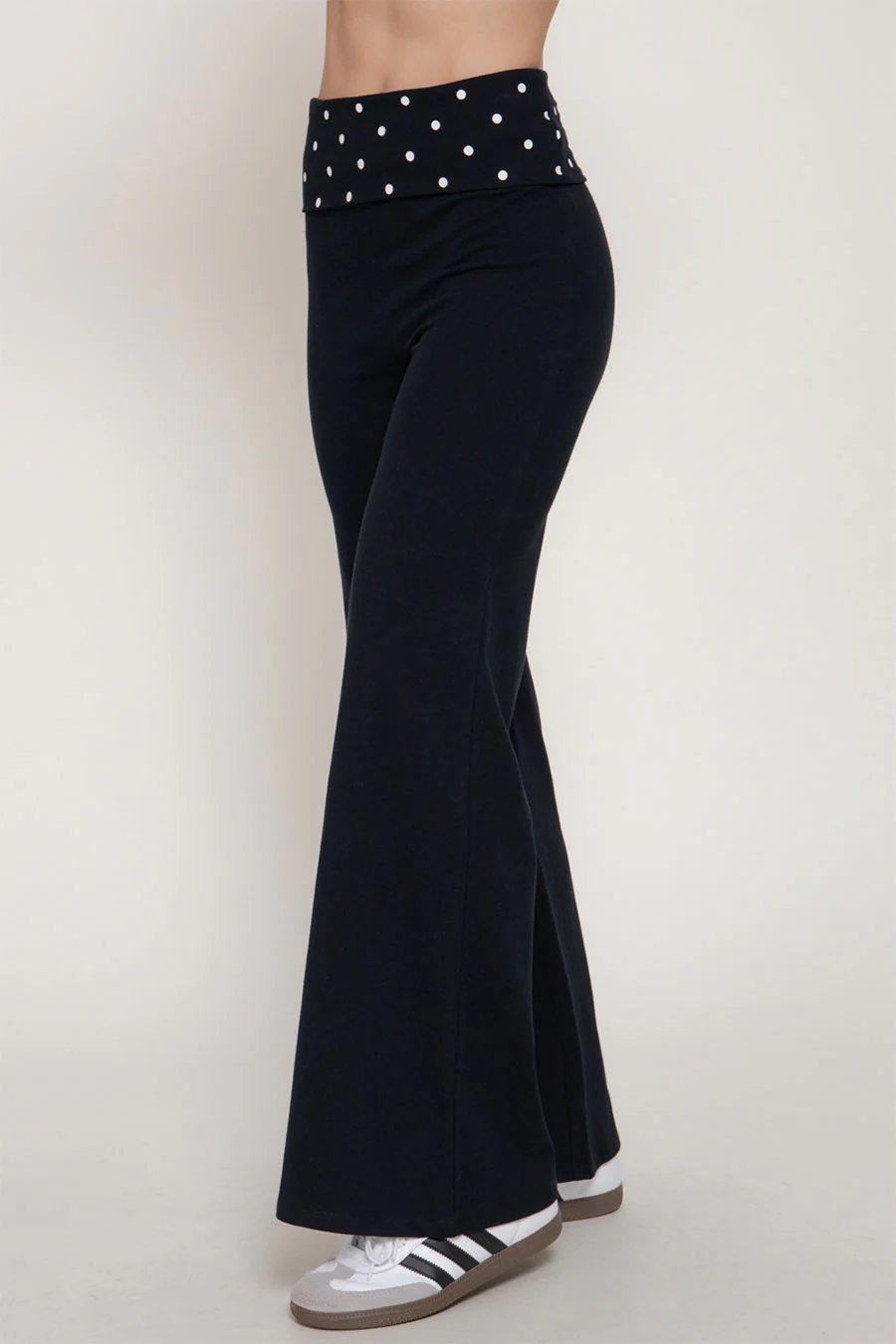 Dot Print Fold Over Waist Band Yoga Flare Pants - Image 6