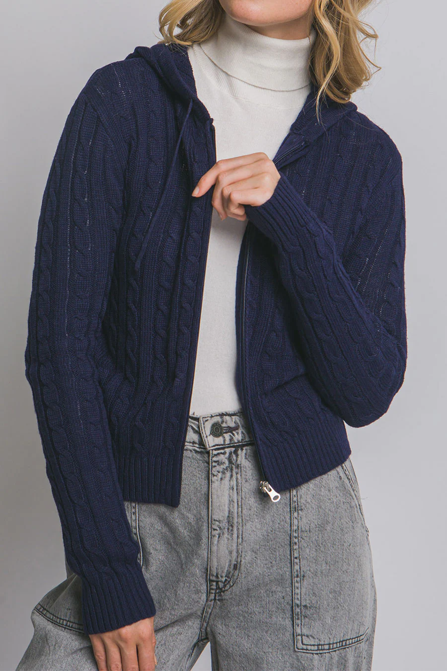Downtown Girl Cable Knit Full Zip Cardigan Hoodie Sweater - Image 11