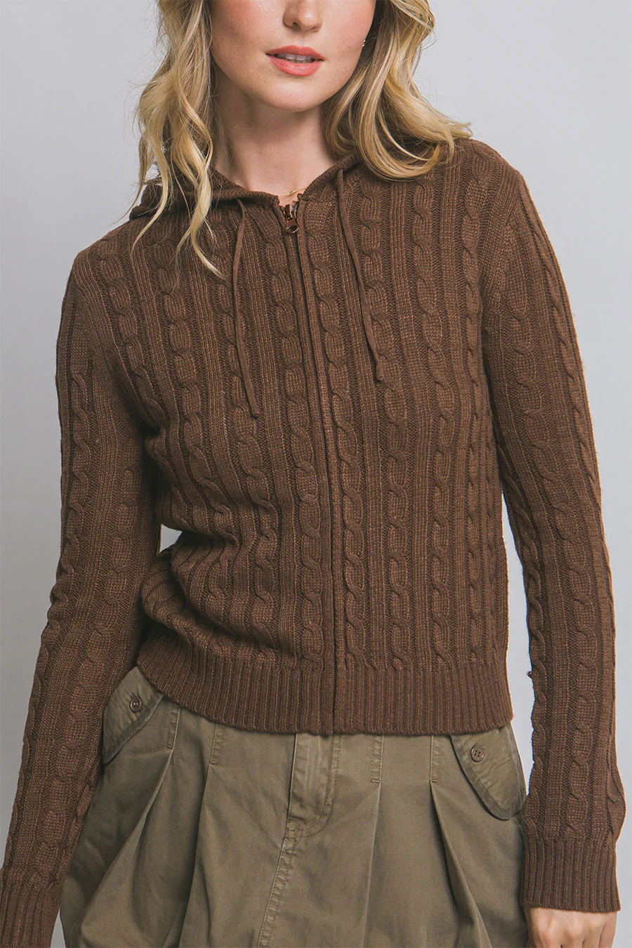 Downtown Girl Cable Knit Full Zip Cardigan Hoodie Sweater - Image 13