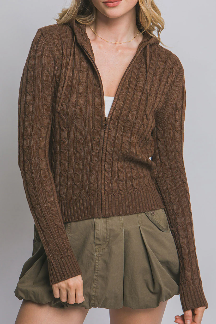 Downtown Girl Cable Knit Full Zip Cardigan Hoodie Sweater - Image 14