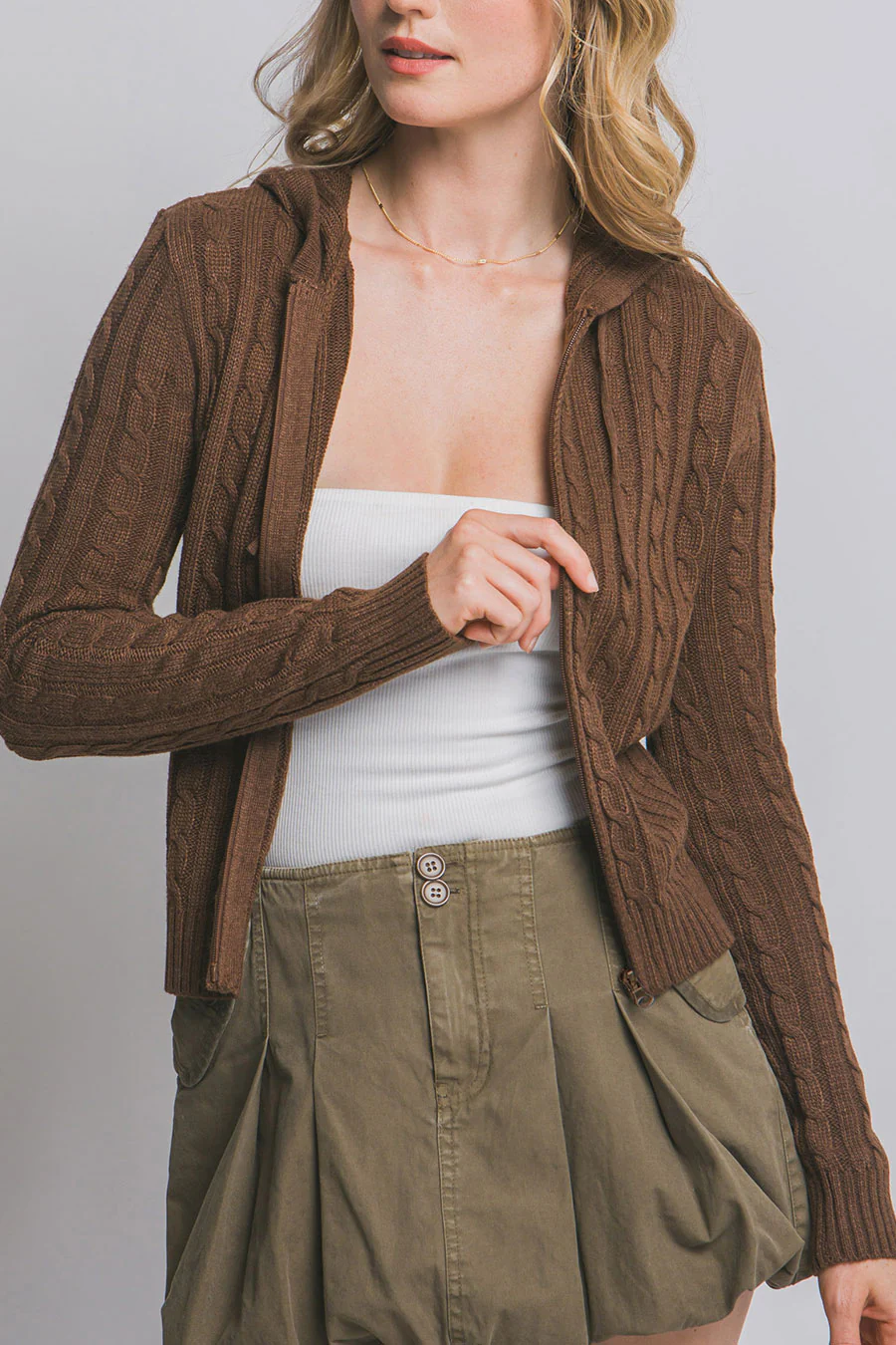 Downtown Girl Cable Knit Full Zip Cardigan Hoodie Sweater - Image 16