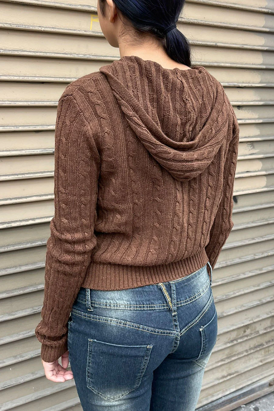 Downtown Girl Cable Knit Full Zip Cardigan Hoodie Sweater - Image 3