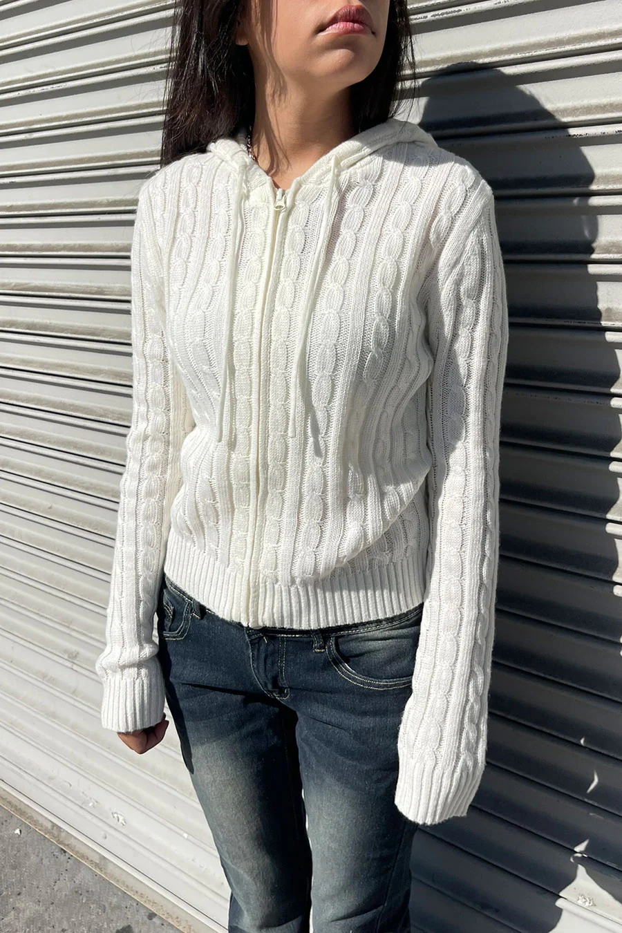 Downtown Girl Cable Knit Full Zip Cardigan Hoodie Sweater - Image 5