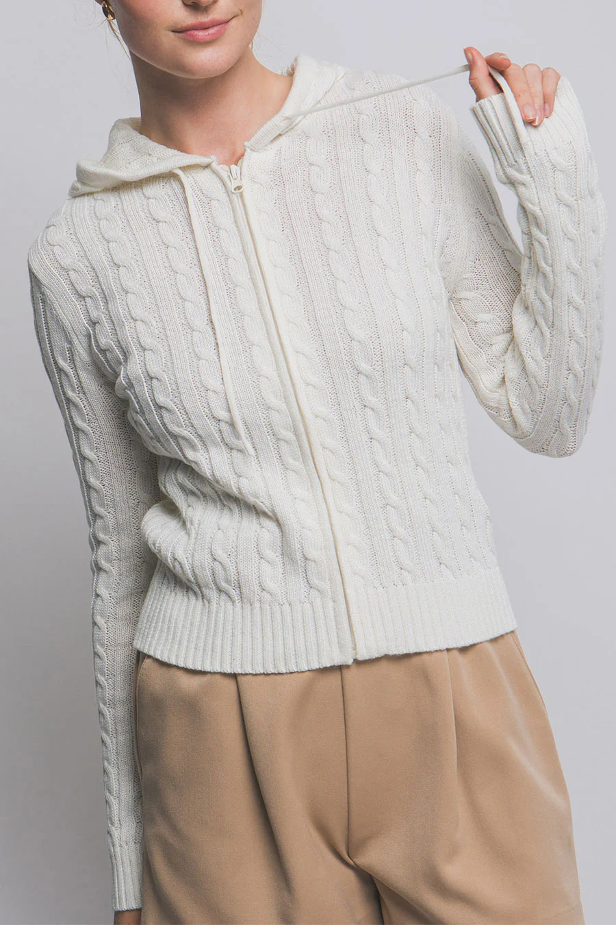 Downtown Girl Cable Knit Full Zip Cardigan Hoodie Sweater - Image 6