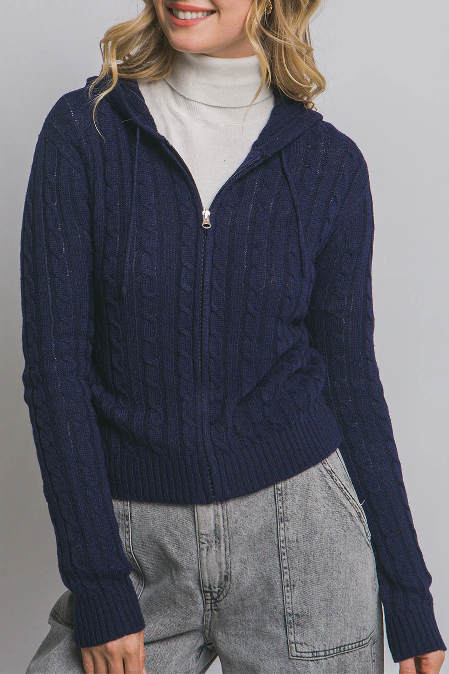 Downtown Girl Cable Knit Full Zip Cardigan Hoodie Sweater - Image 7