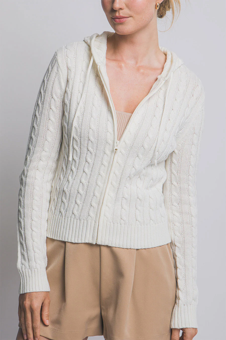 Downtown Girl Cable Knit Full Zip Cardigan Hoodie Sweater - Image 8