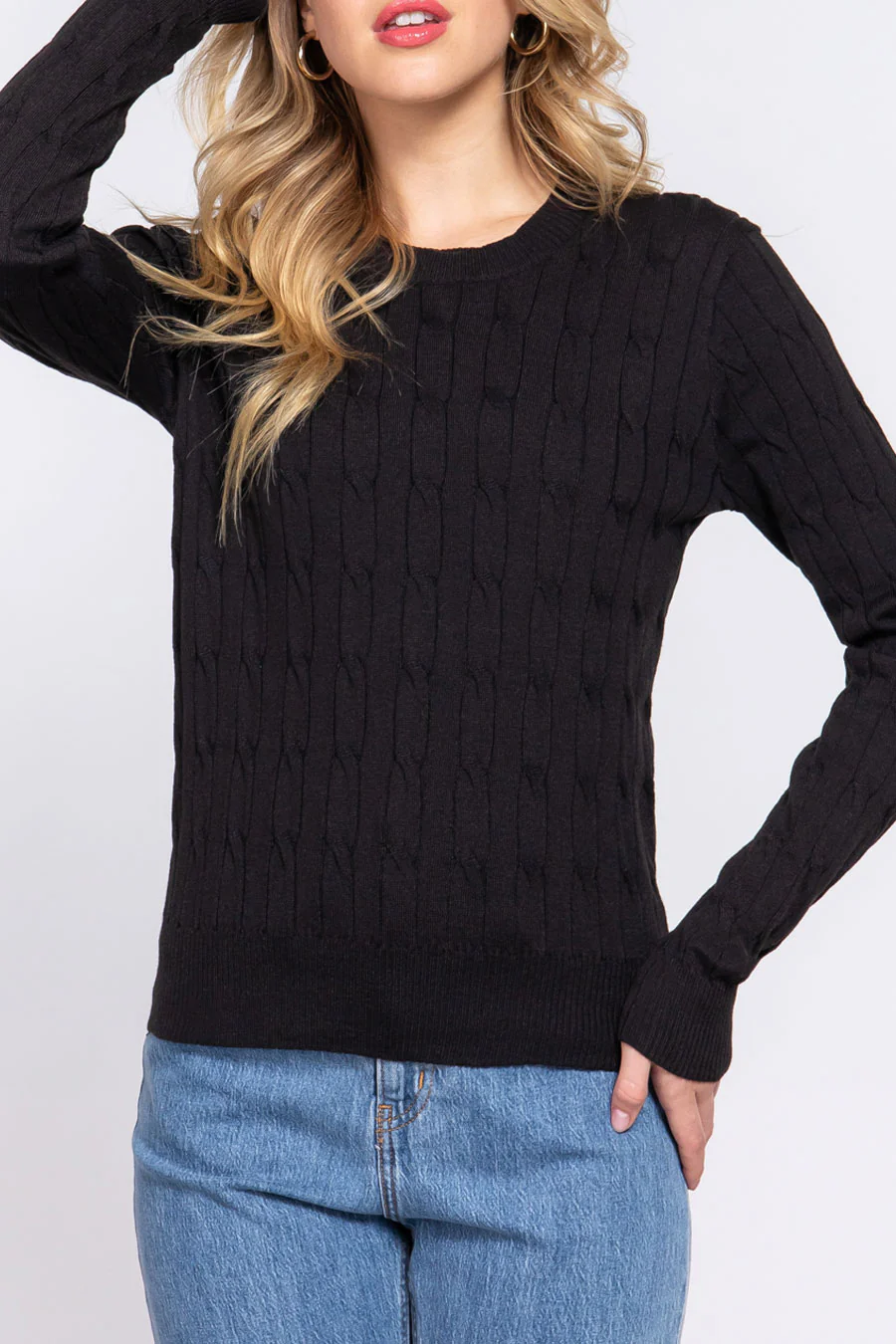 Downtown Girl Long Sleeve Round Neck Cable Sweater - Image 10