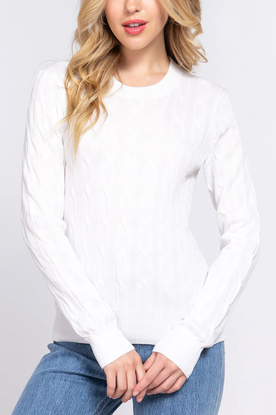 Downtown Girl Long Sleeve Round Neck Cable Sweater - Image 13
