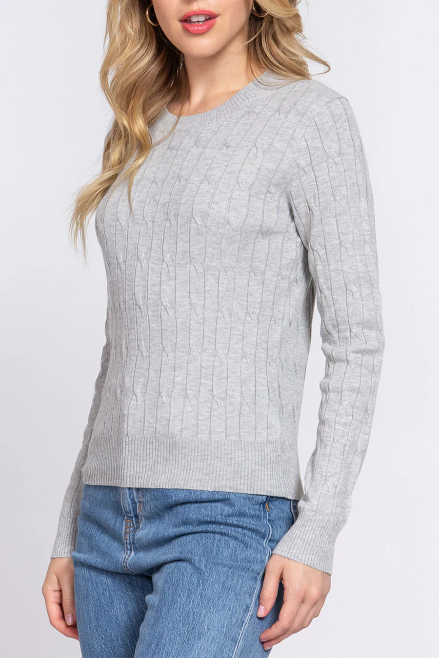 Downtown Girl Long Sleeve Round Neck Cable Sweater - Image 15