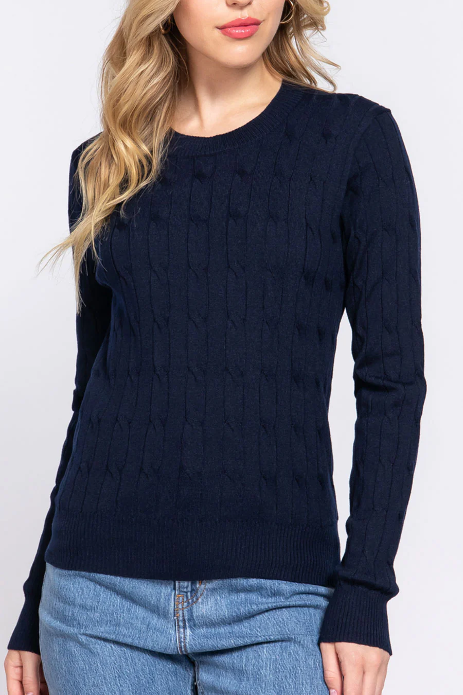 Downtown Girl Long Sleeve Round Neck Cable Sweater - Image 5