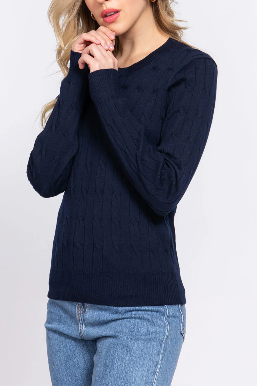 Downtown Girl Long Sleeve Round Neck Cable Sweater - Image 6