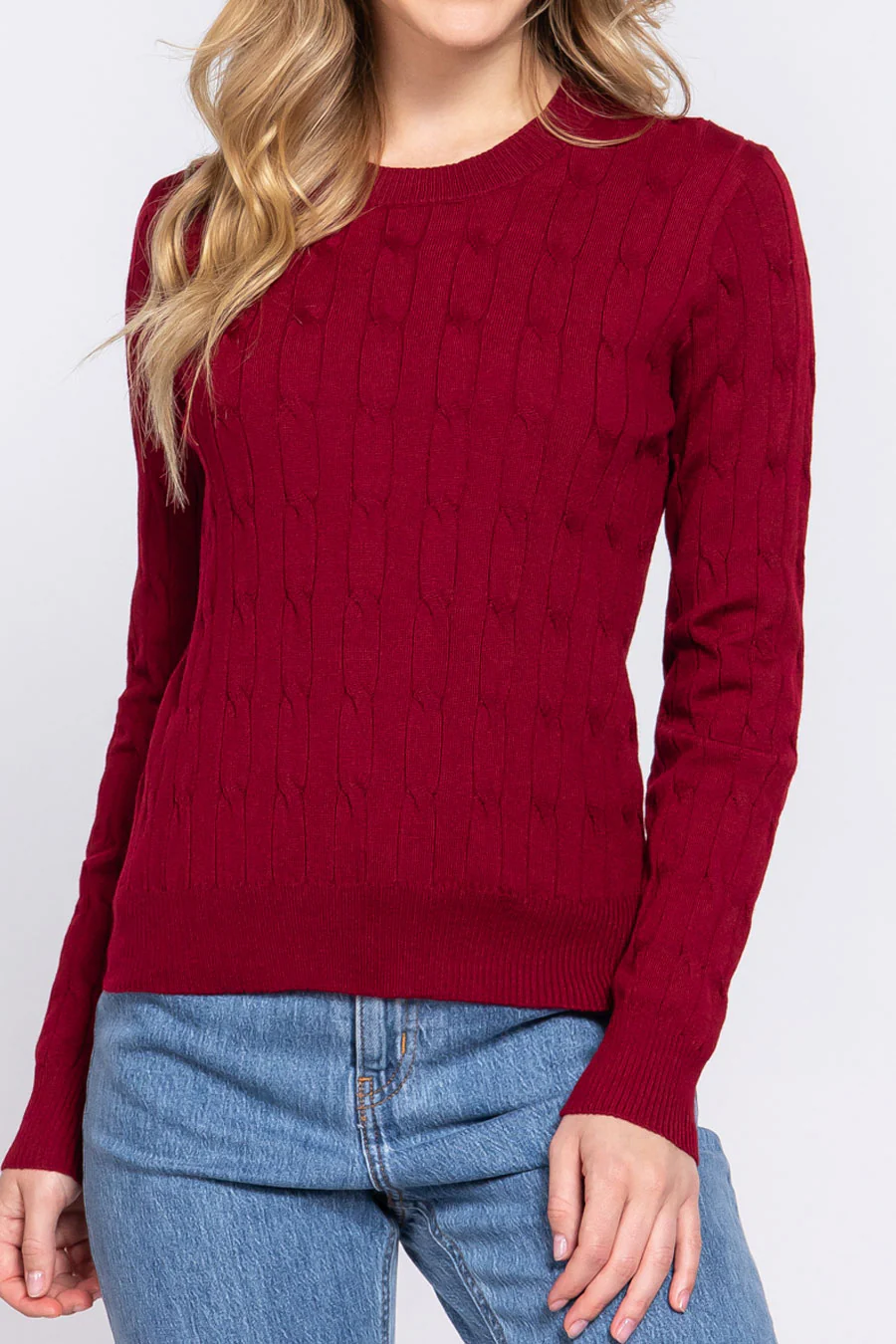 Downtown Girl Long Sleeve Round Neck Cable Sweater - Image 8
