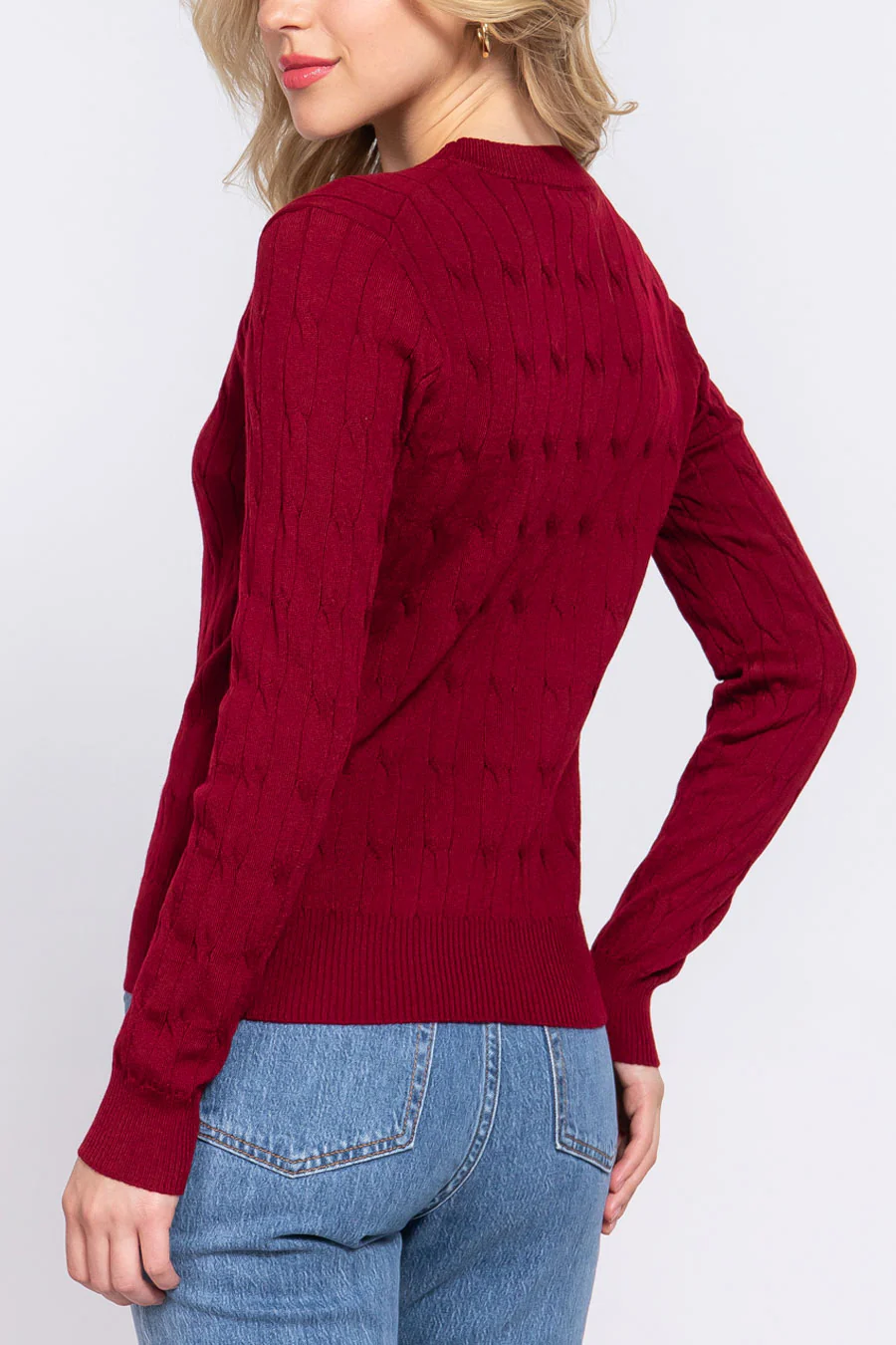 Downtown Girl Long Sleeve Round Neck Cable Sweater - Image 9