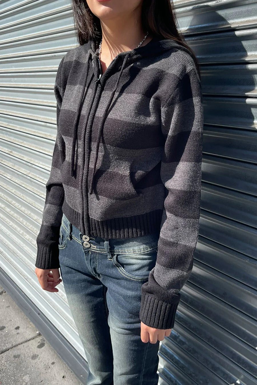 Stripe Zip-Front Hoodie Sweater Jacket - Image 3