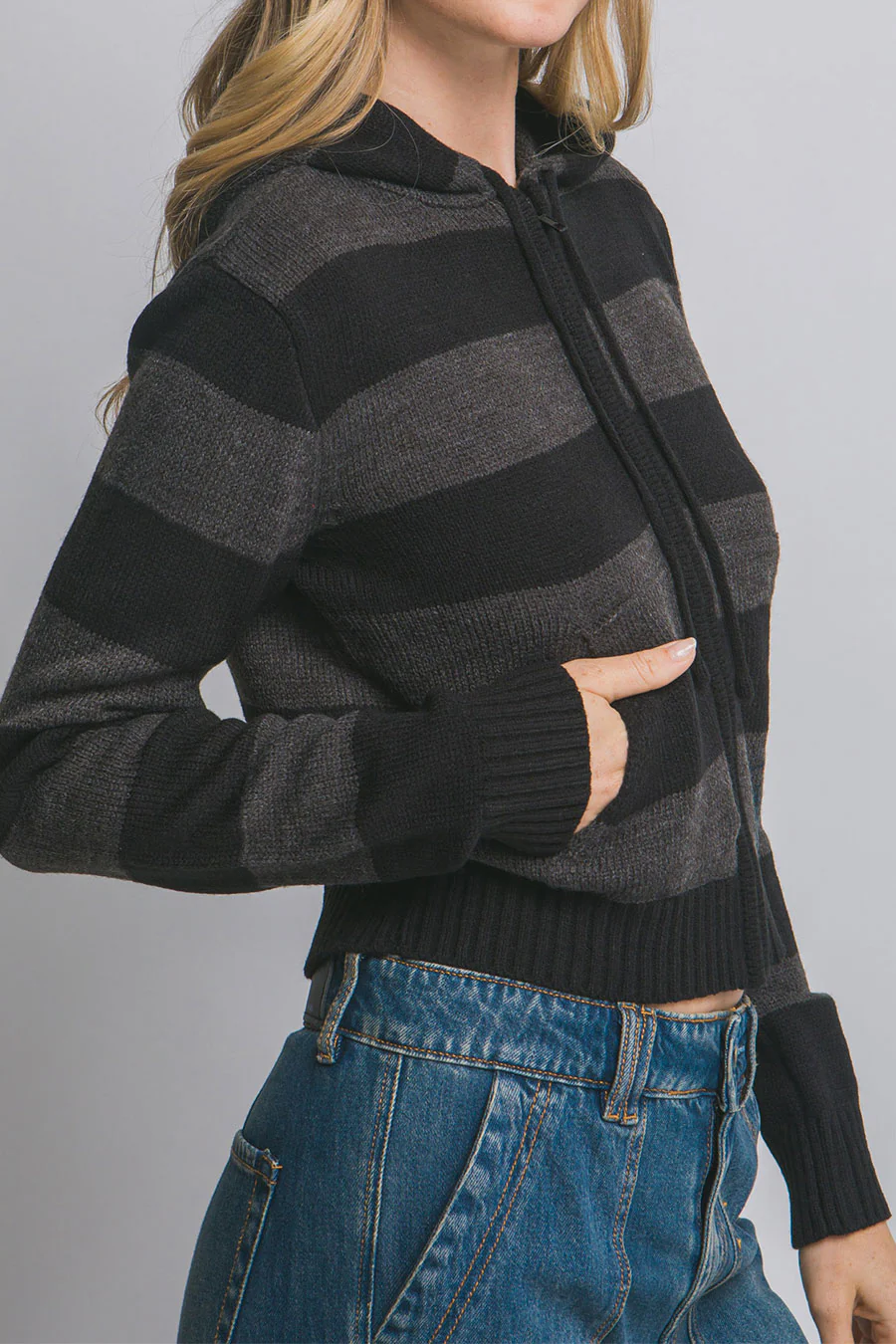 Stripe Zip-Front Hoodie Sweater Jacket - Image 8