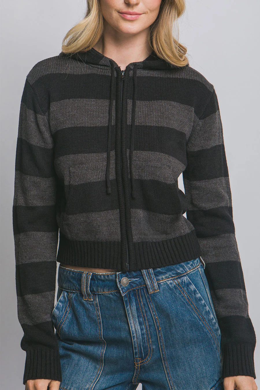 Stripe Zip-Front Hoodie Sweater Jacket - Image 9