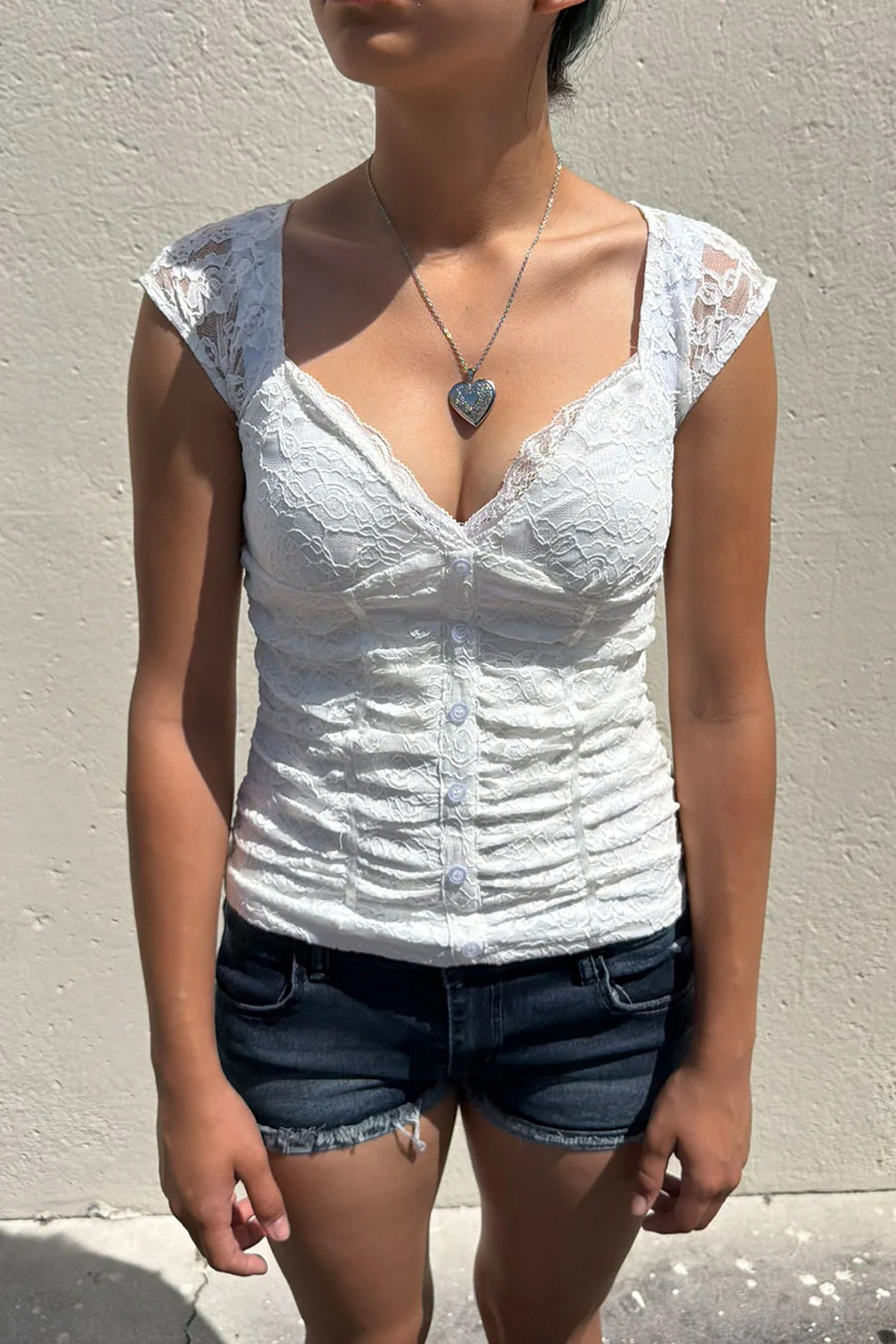 Fairy Grunge Vintage Style Floral Lace Ruched Short Sleeve Fitted Button-Front Blouse Top - Image 3