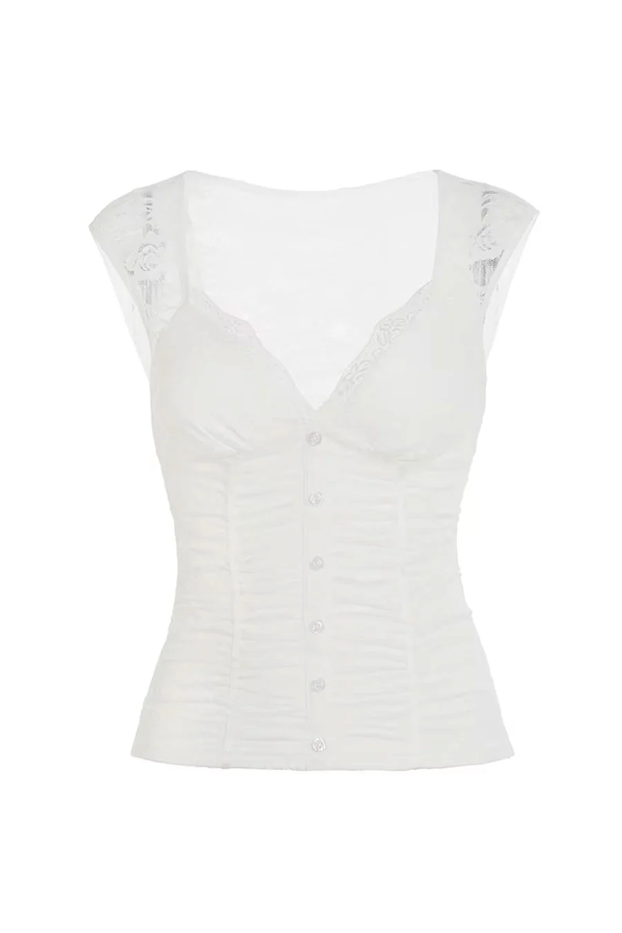 Fairy Grunge Vintage Style Floral Lace Ruched Short Sleeve Fitted Button-Front Blouse Top - Image 6