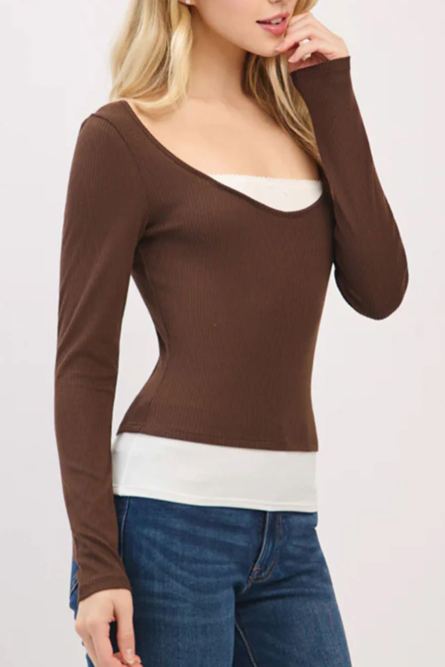 Faux Layered Scoop Neck Long Sleeve Top - Image 10