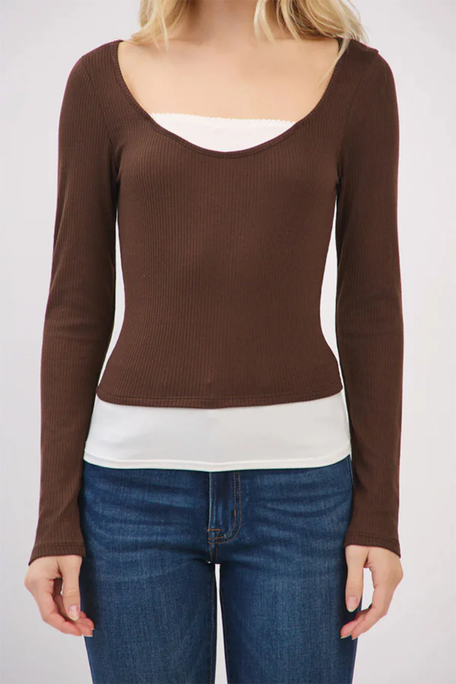 Faux Layered Scoop Neck Long Sleeve Top - Image 12