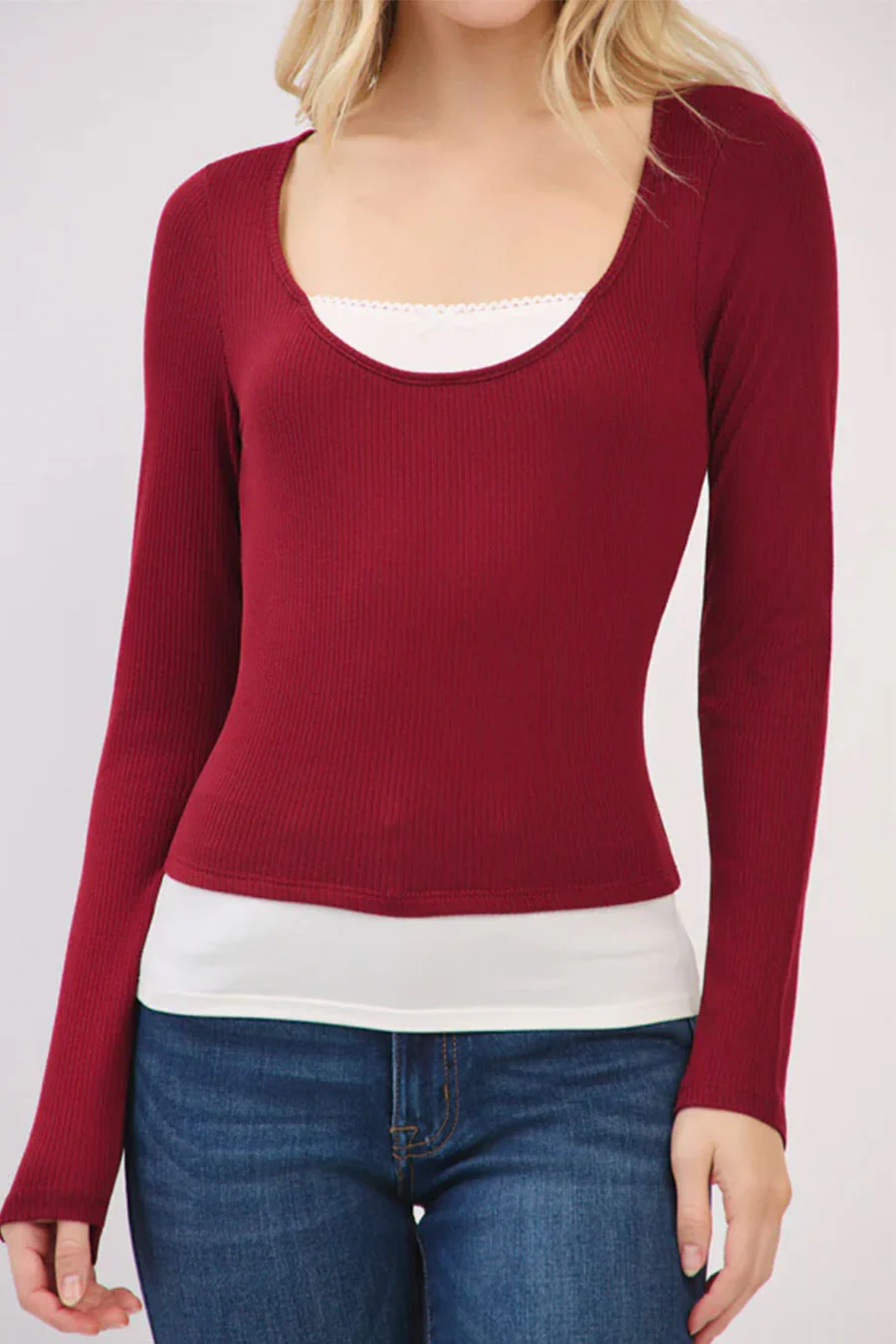Faux Layered Scoop Neck Long Sleeve Top - Image 15