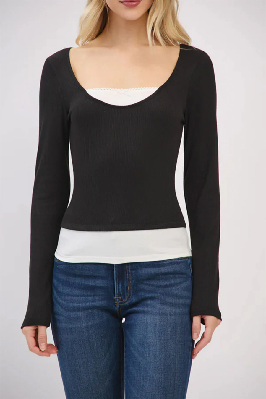 Faux Layered Scoop Neck Long Sleeve Top - Image 18