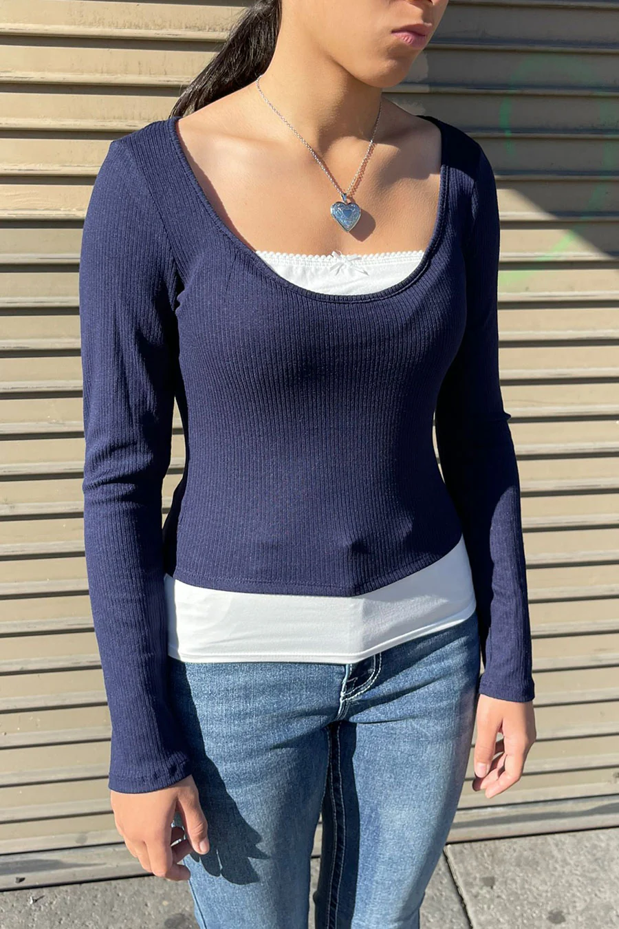 Faux Layered Scoop Neck Long Sleeve Top - Image 4