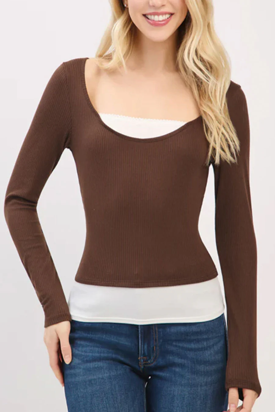Faux Layered Scoop Neck Long Sleeve Top - Image 6