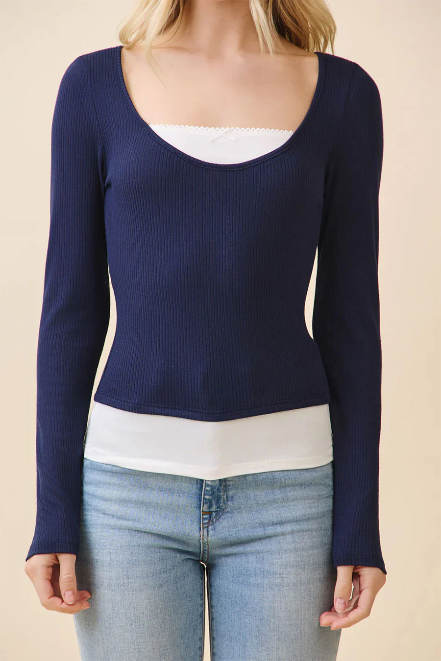 Faux Layered Scoop Neck Long Sleeve Top - Image 9
