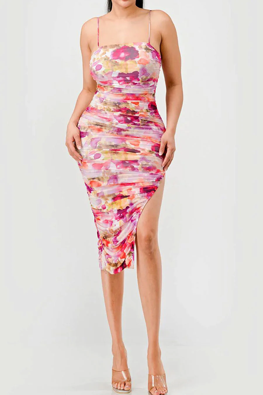 PrivyUSA™ Floral Tie Dye Mesh Print Cami Ruched Slitted Midi Dress - Image 3