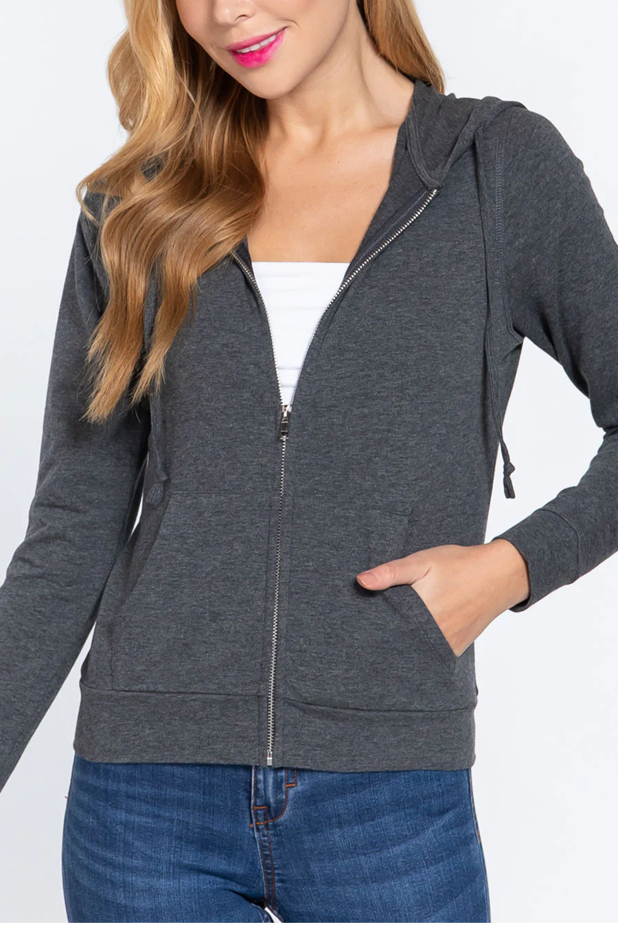 Basic French Terry Zip-Front Hoodie Sweatshirt Jacket - Image 8
