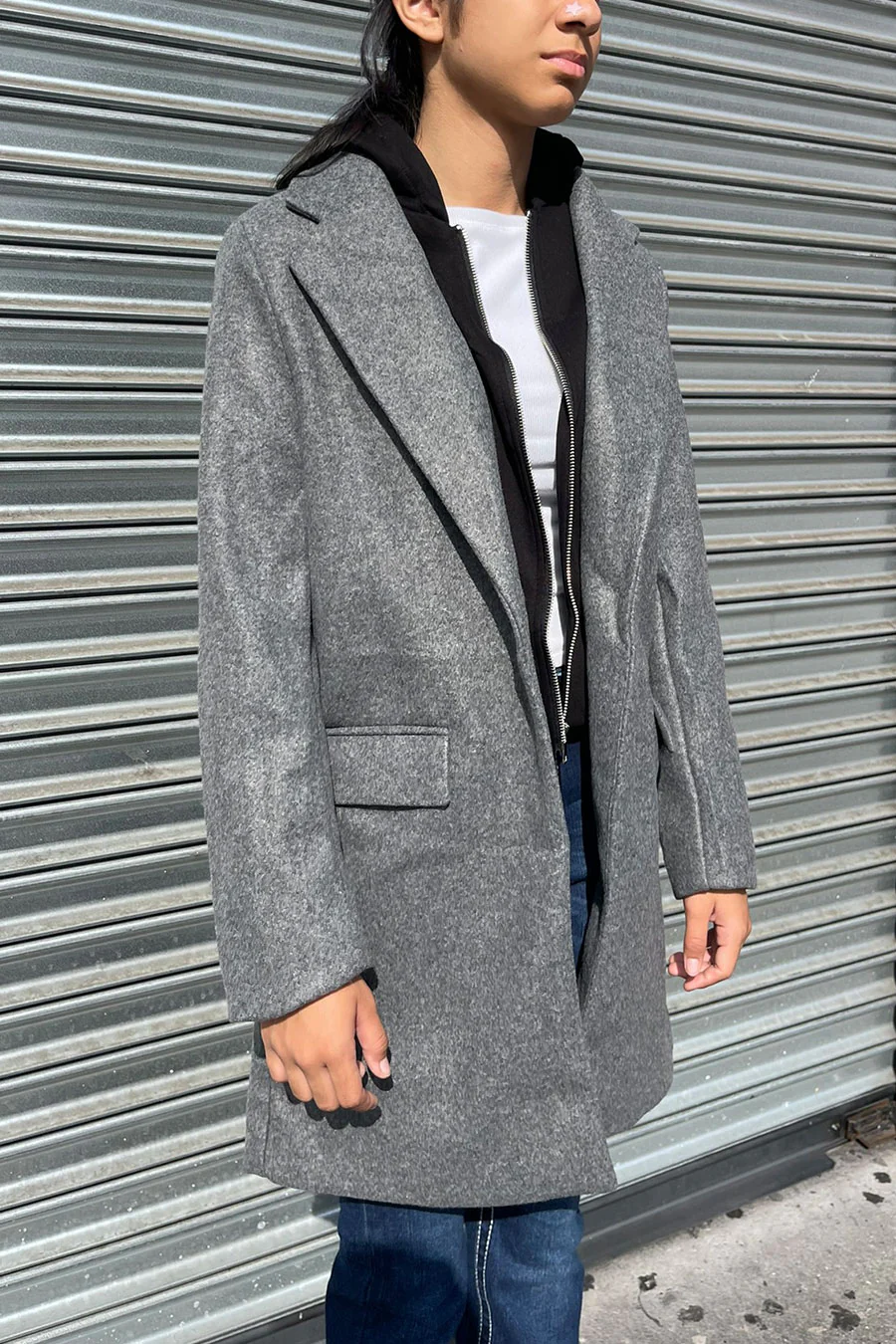 Full-Zip Fleece Hooded Contrast Combination Coat with Button Closure
